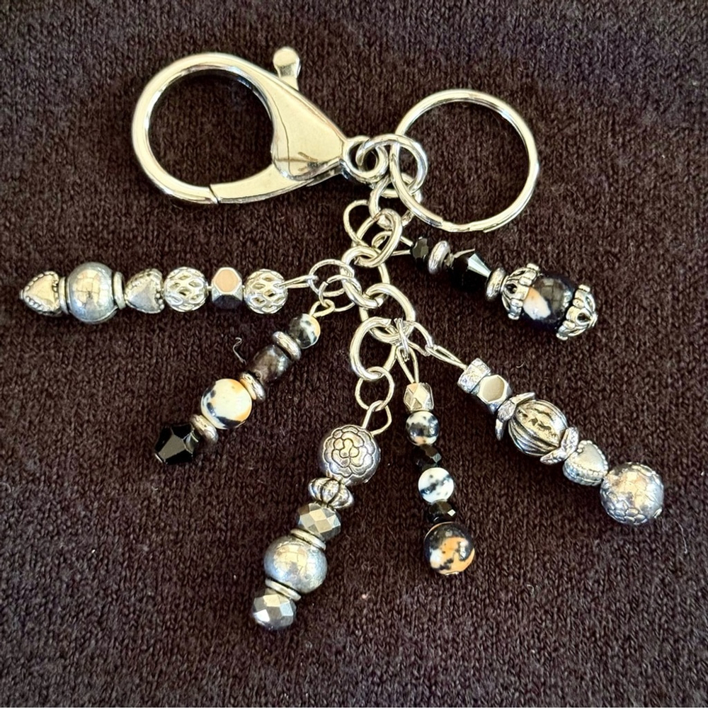 NEW Brown Black Silver Handmade Bag Charm Keychain One of a Kind Crystal Beads